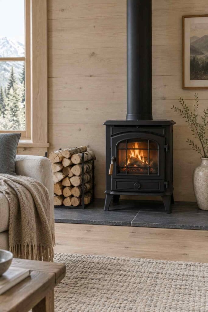 27 Scandinavian Mountain Interior Design Ideas: Ways to Create a Warm Nordic Cabin 7 Black cast-iron wood stove on a slate hearth in a Scandinavian living room
