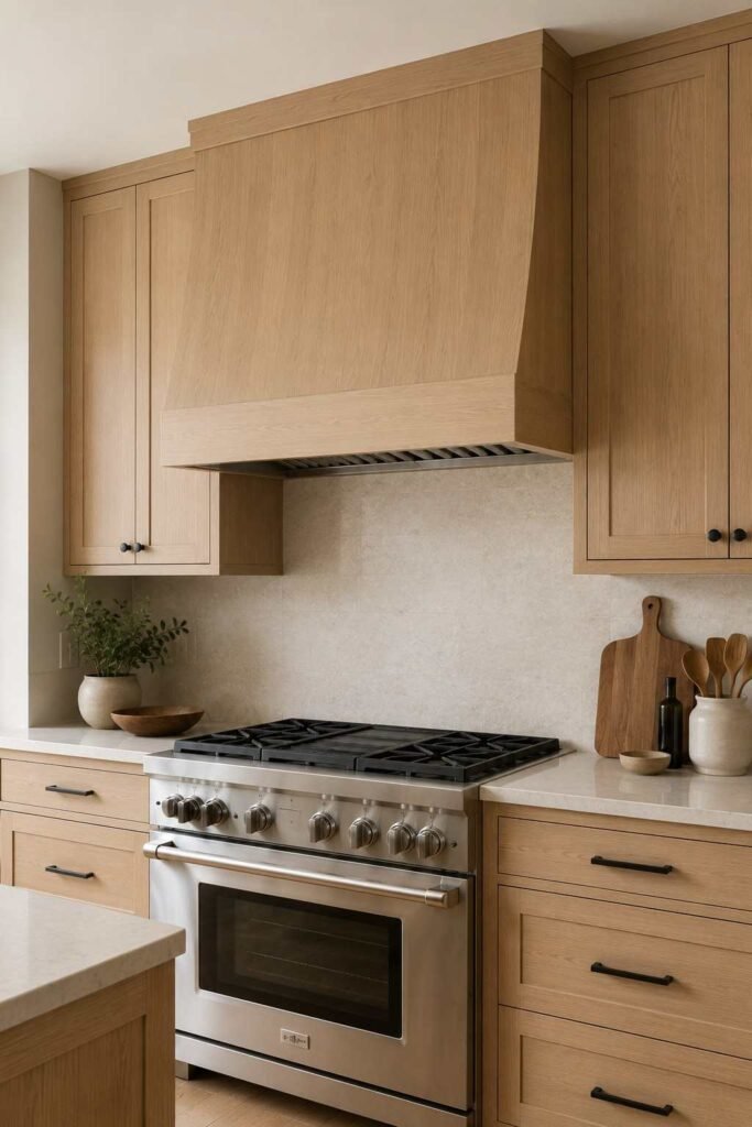 Wood-wrapped range hood matching oak kitchen cabinets