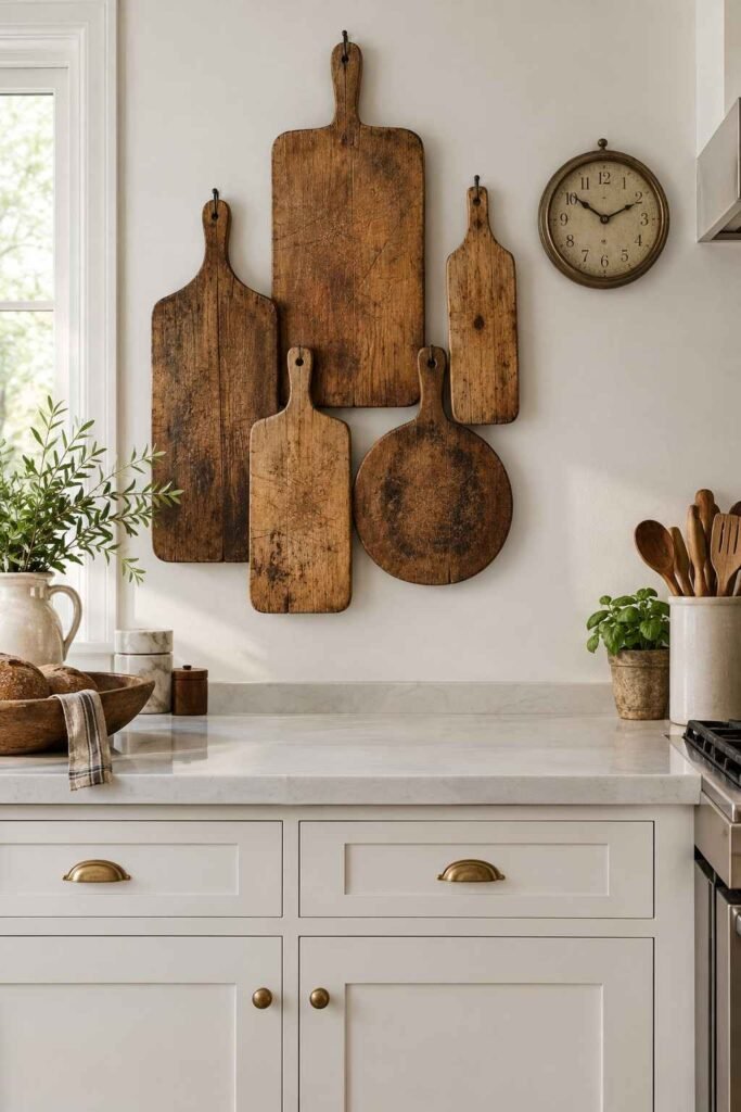 Old wooden bread boards and an antique wall clock on a white kitchen backsplash