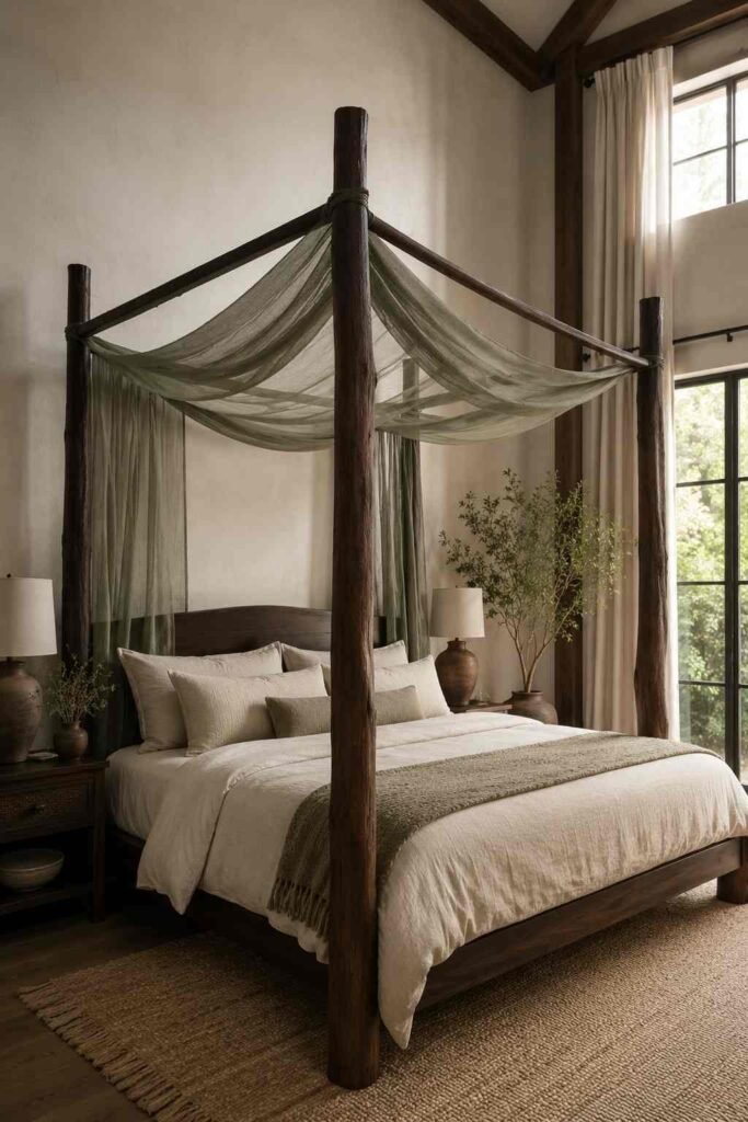 Dark oak four-poster canopy bed with sage linen drapes under a tall bedroom ceiling