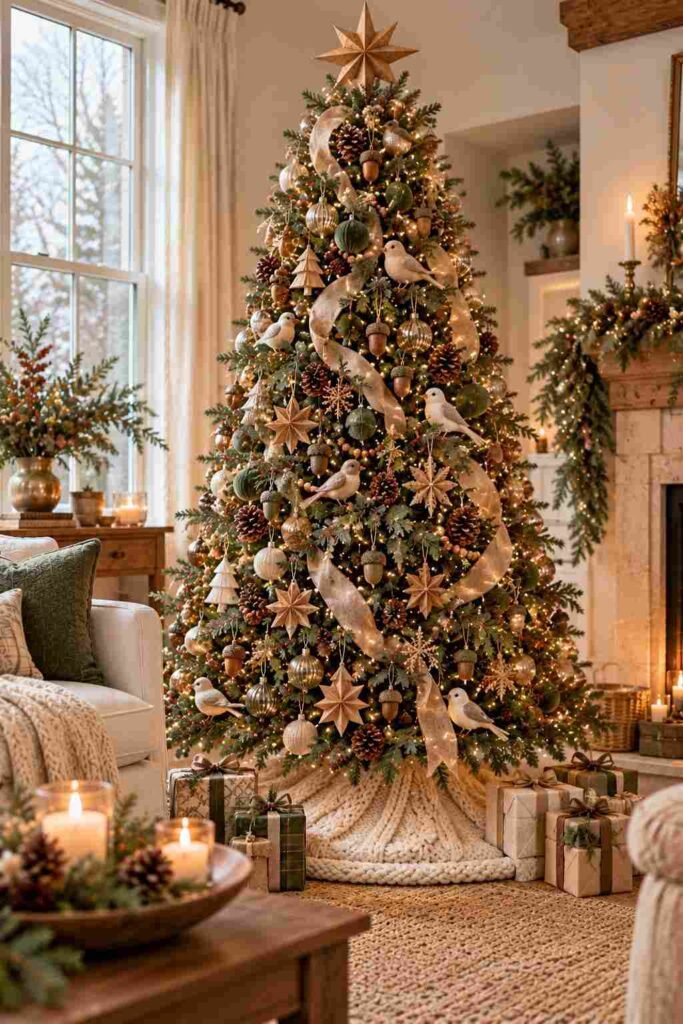 Woodland Christmas tree with pinecones and felt birds.