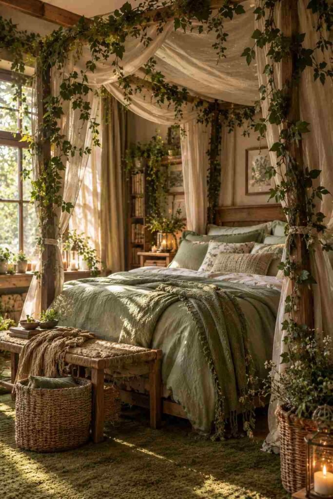 30 Canopy Bed Ideas for Princess Bedroom: Dreamy, Safe & Budget-Friendly 11 Woodland canopy bed with linen drapes and leaf garlands in a girl's bedroom