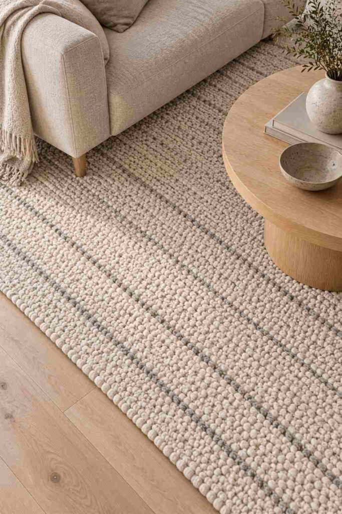 Cream wool rug anchoring a seating area in a Scandinavian living room