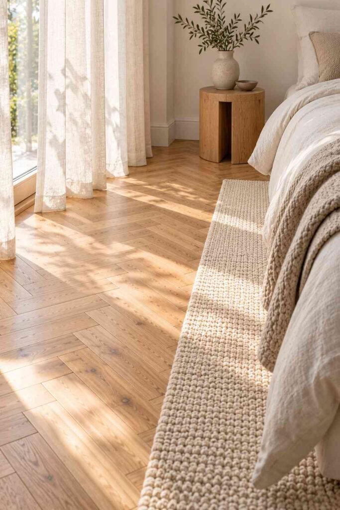 30 Scandinavian Interior Design Ideas with Wood Block Flooring for a Warm, Light-Filled Home 12 Cream wool runner beside a bed on oak wood block flooring with sheer curtains