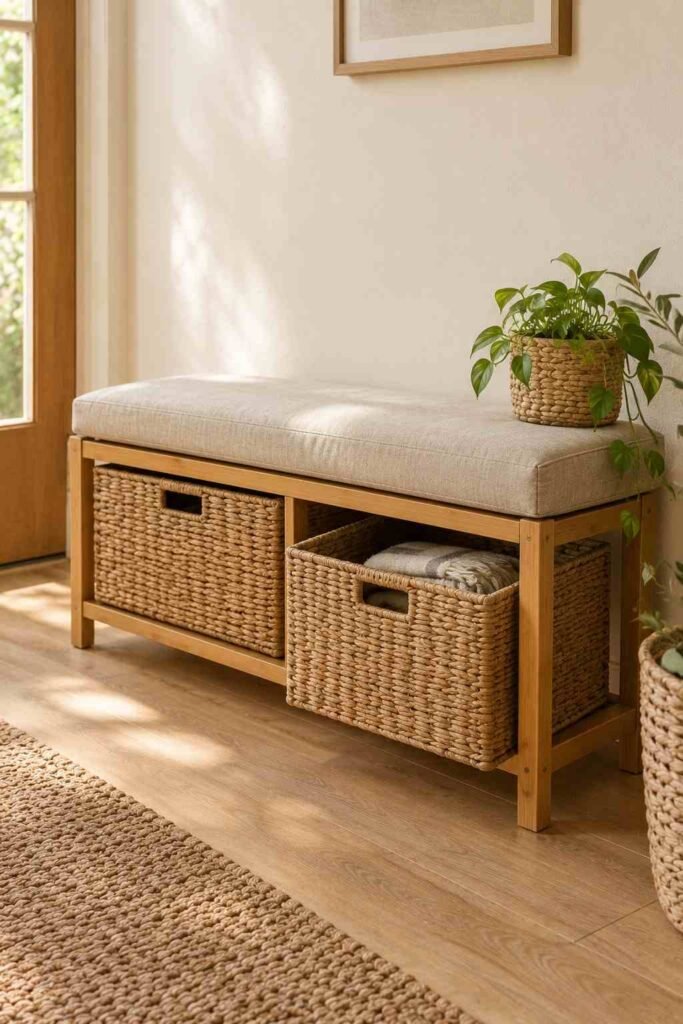 28 Beautiful Bamboo Entryway Storage Ideas for a Tidy, Natural Home 10 Bamboo bench with two removable woven baskets, one pulled partly out from under the seat