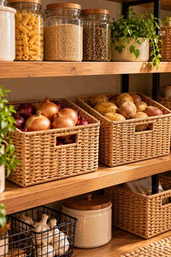 Open Shelving Pantry Kitchen Ideas: 30 Layouts, Storage Tricks and Styling Tips 13 Two woven baskets holding onions and potatoes on an open pantry shelf.