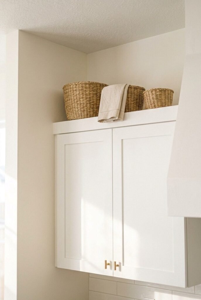 Three graduated seagrass baskets on top of cream kitchen cabinets.