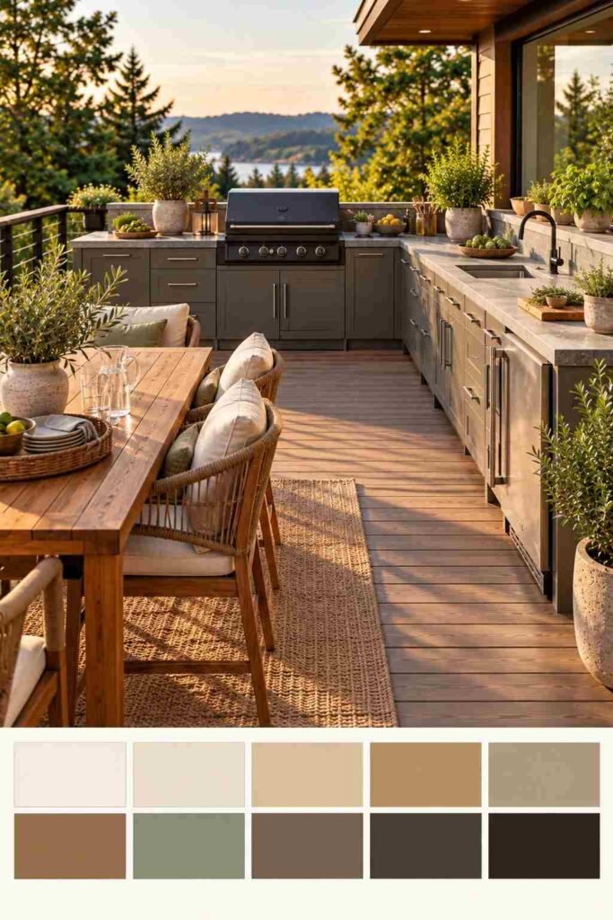 30 Outdoor Kitchen Ideas on Deck: Smart Layouts, Materials for Small, Mid-Size, and Large Spaces 15 Wraparound deck kitchen with dining table and a ten-swatch warm neutral palette strip below.
