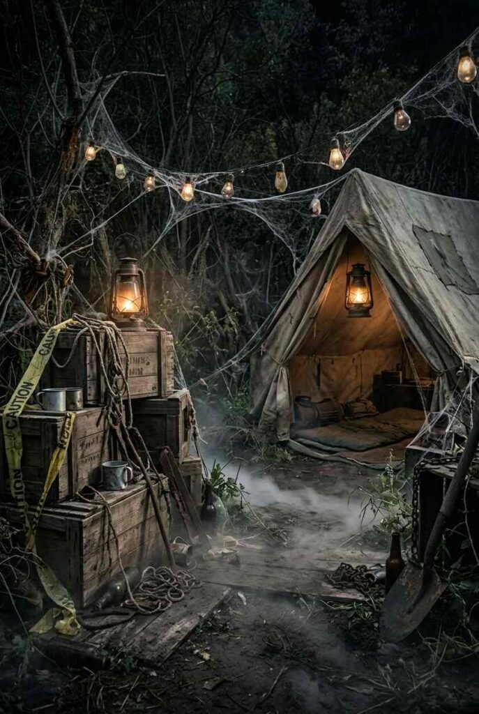 28 Spooky Halloween Theme Ideas to Make October 31 Unforgettable 10 Zombie survival camp Halloween setup with crates, caution tape and lantern light.